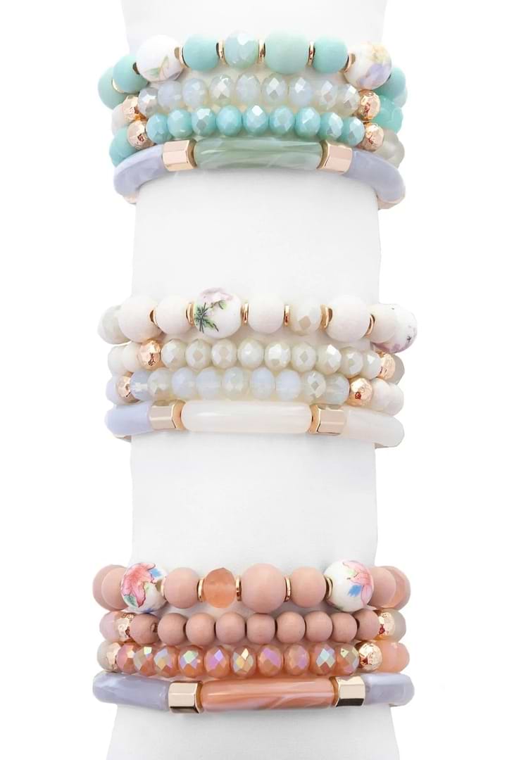 Beaded Wood Chain Link Bracelet Set - Dark Salmon