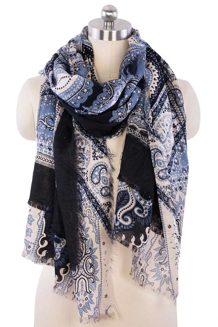 Paisley Patchwork Frayed Scarf - Corn Flower Blue