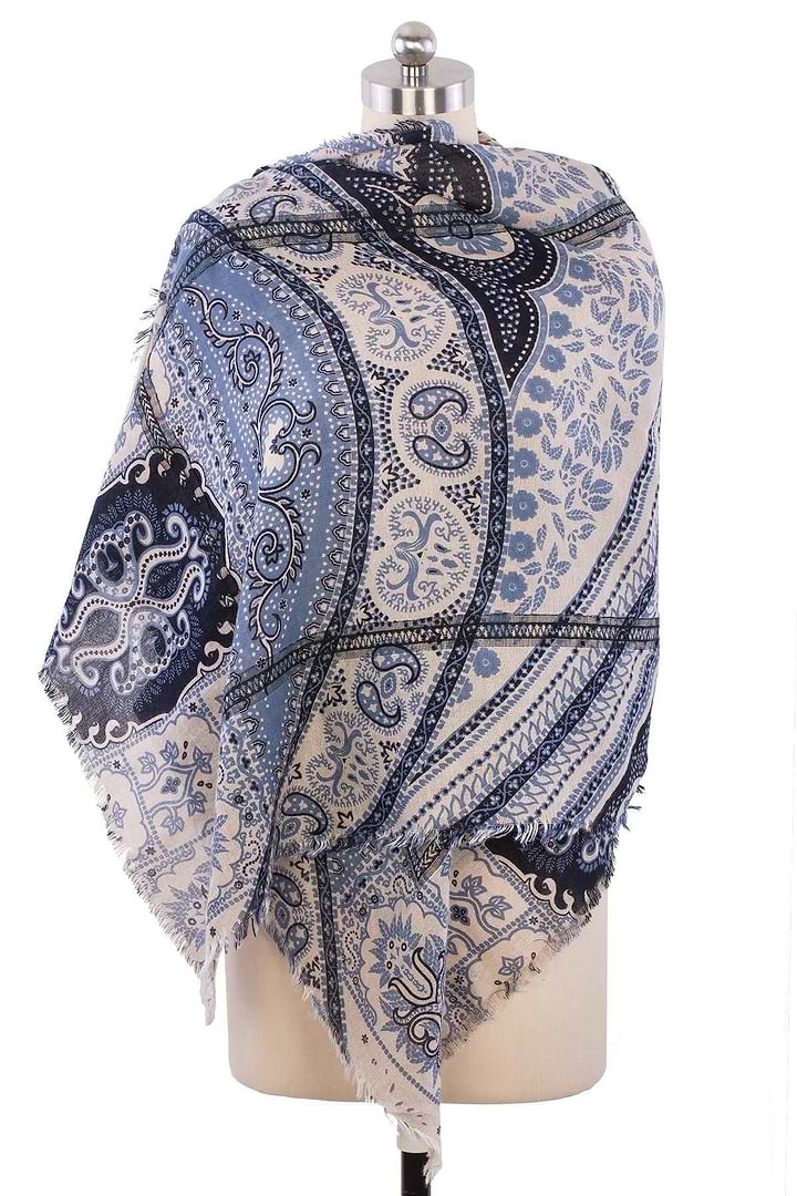 Paisley Patchwork Frayed Scarf - Corn Flower Blue