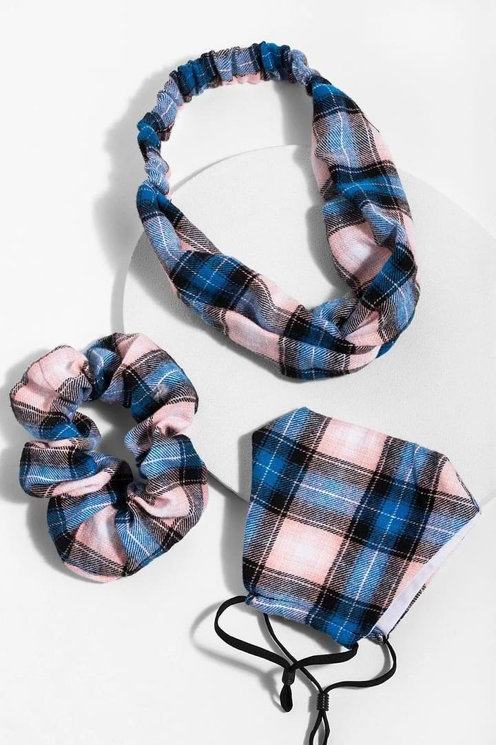 Face Mask, Scrunchie and Headband Set Blue