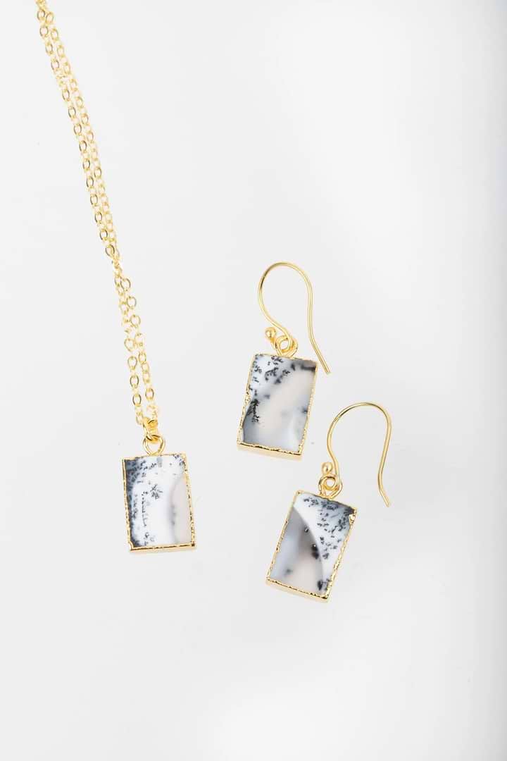 Mini Square Gemstone Earring and Necklace Set Gainsboro