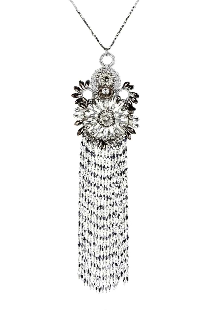 Crystal Tassel Statement Necklace Silver