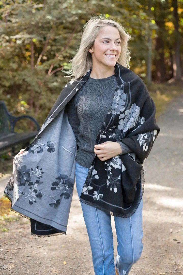 Reversible Floral Scarf For Winter - Black