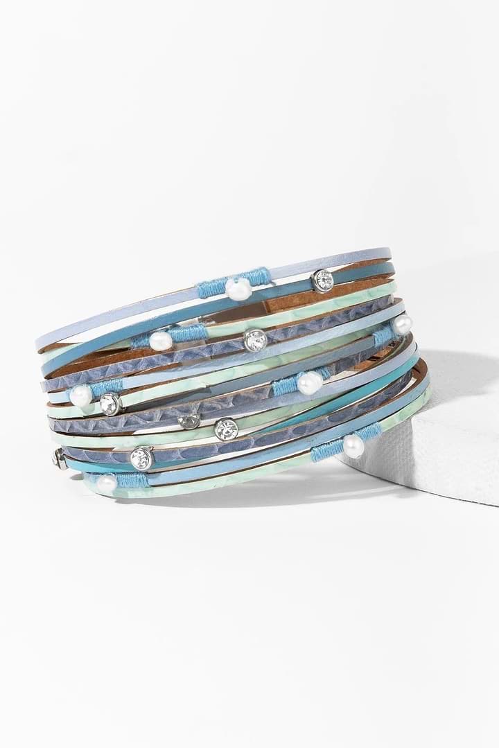 Vibrant Leather Multi Strand Bracelet - Light Sky Blue