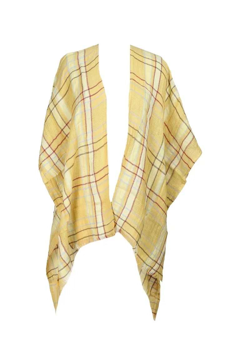 Linen Cotton Plaid Kimono - Khaki