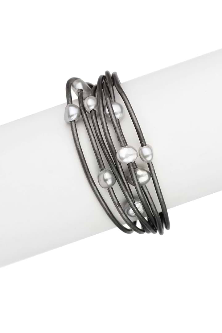 Multi Strand Leather Pearl Bracelet - Dim Gray
