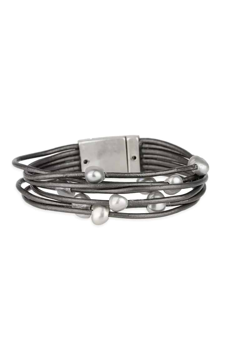 Multi Strand Leather Pearl Bracelet - Dim Gray