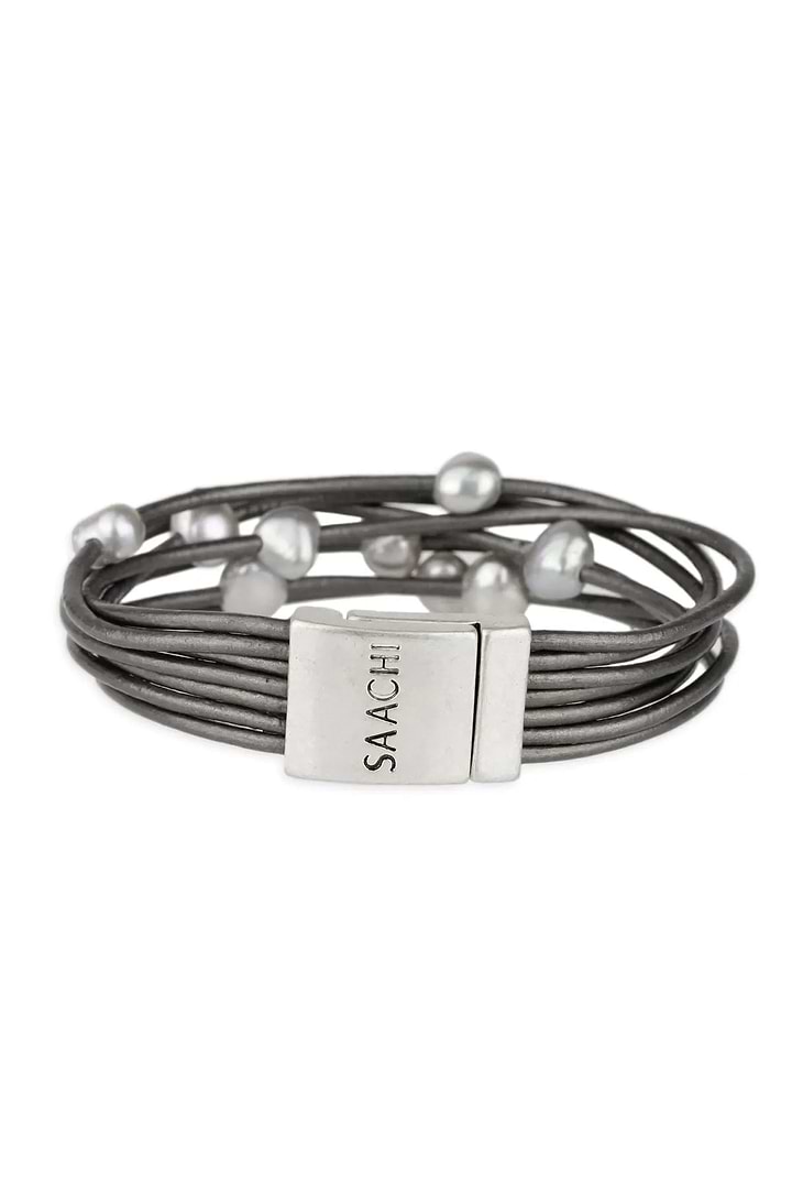 Multi Strand Leather Pearl Bracelet - Dim Gray