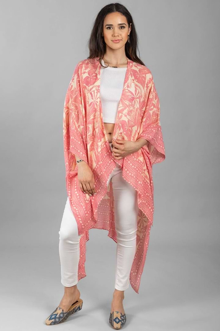Tropical Print Kimono - Light Coral