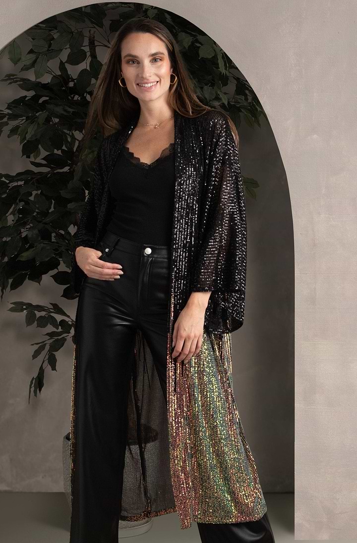 Sequin Kimono Duster Formal - Black