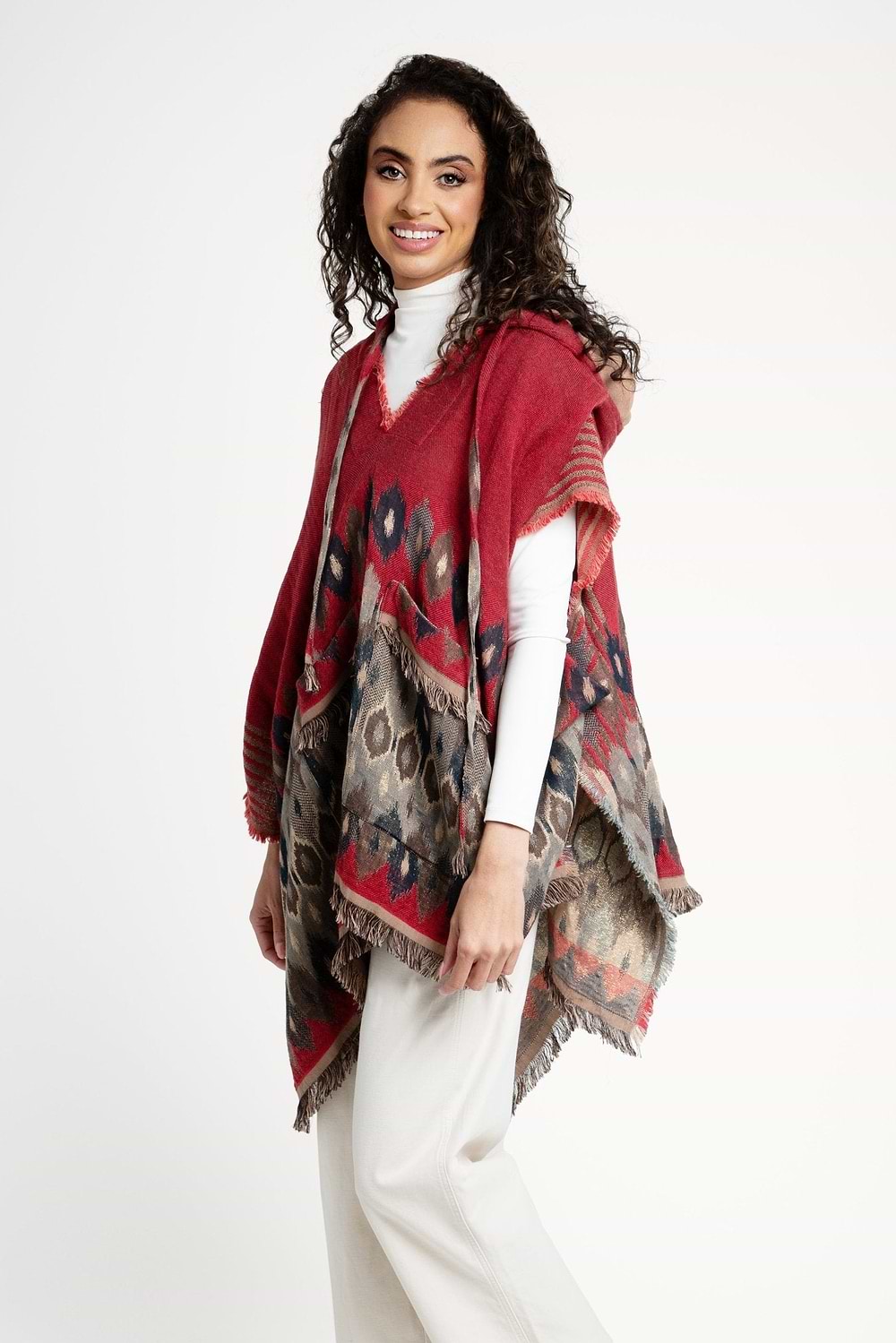 Aztec Frayed Hooded Poncho - Firebrick