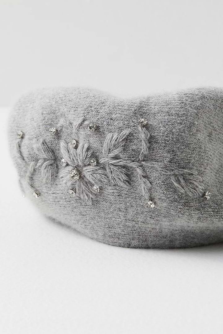 Crystal Embellished Floral Beret - Dark Gray