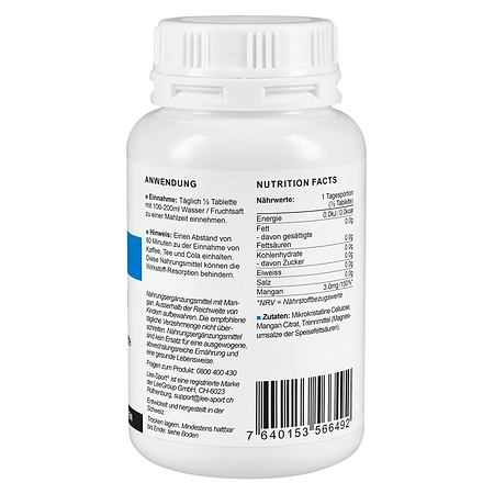 Mangan Tabletten, Nutrition Facts