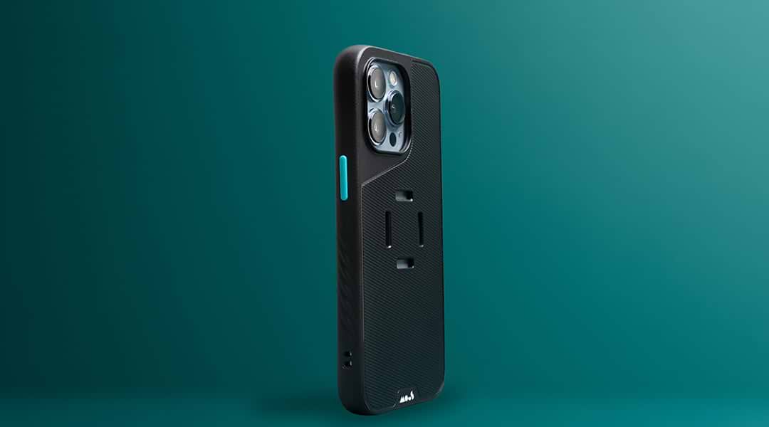 Mous Evolution iPhone case at an angle on a dark teal background