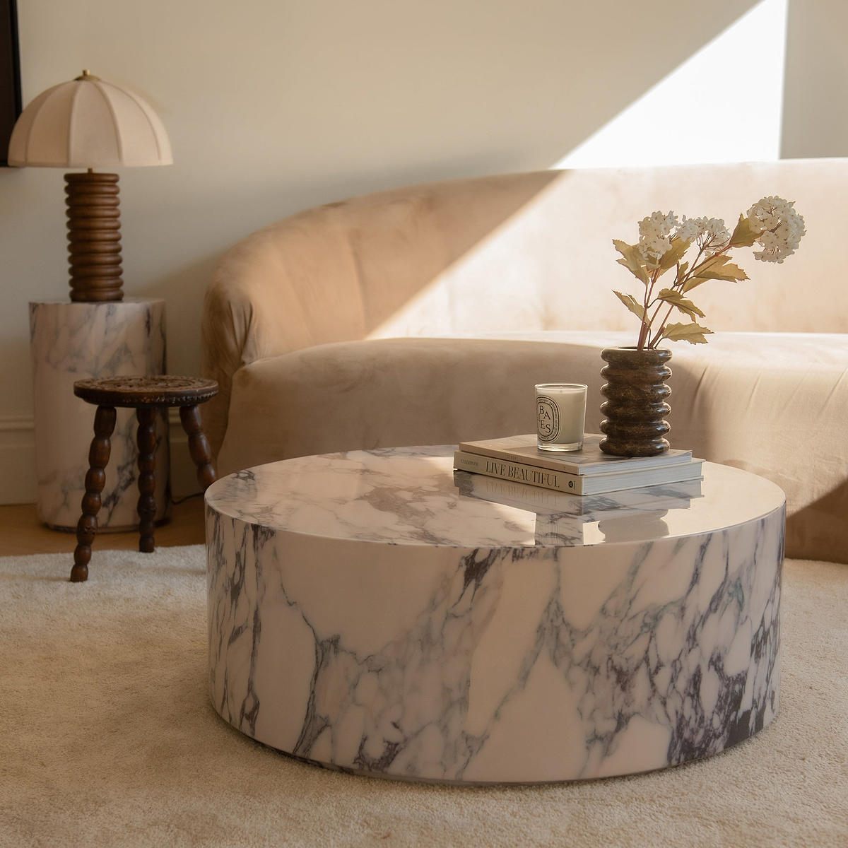 Atella - Arabescato Round Premium Solid Marble Coffee Table