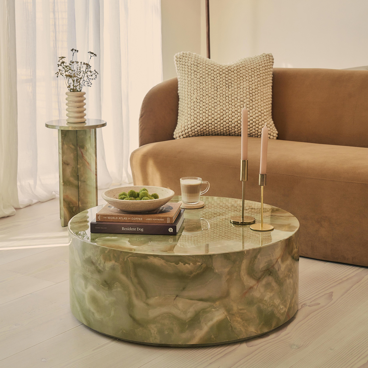 Atella - Green Onyx Round Premium Solid Marble Coffee Table