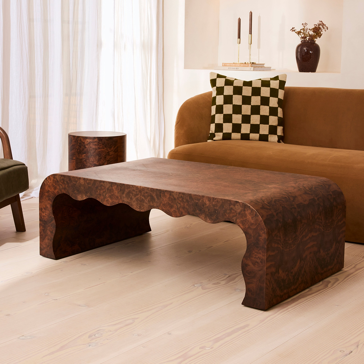 Serafina - Dark Burl Wavy Arched Dark Wood Premium Coffee Table
