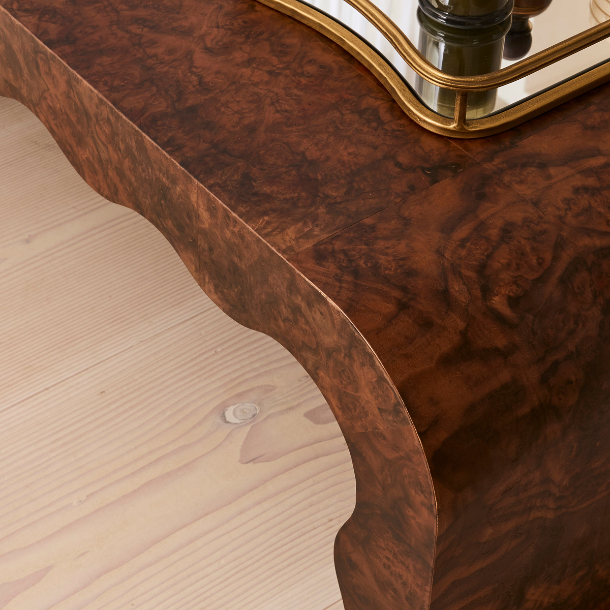 Serafina - Dark Burl Wavy Arched Dark Wood Premium Coffee Table