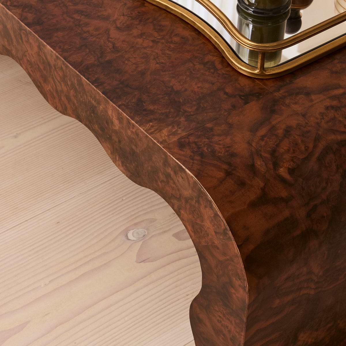 Serafina - Dark Burl Wavy Arched Dark Wood Premium Coffee Table