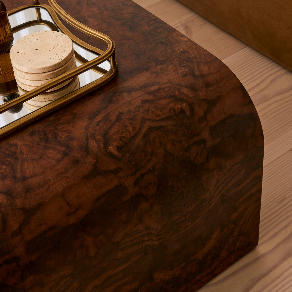 Serafina - Dark Burl Wavy Arched Dark Wood Premium Coffee Table