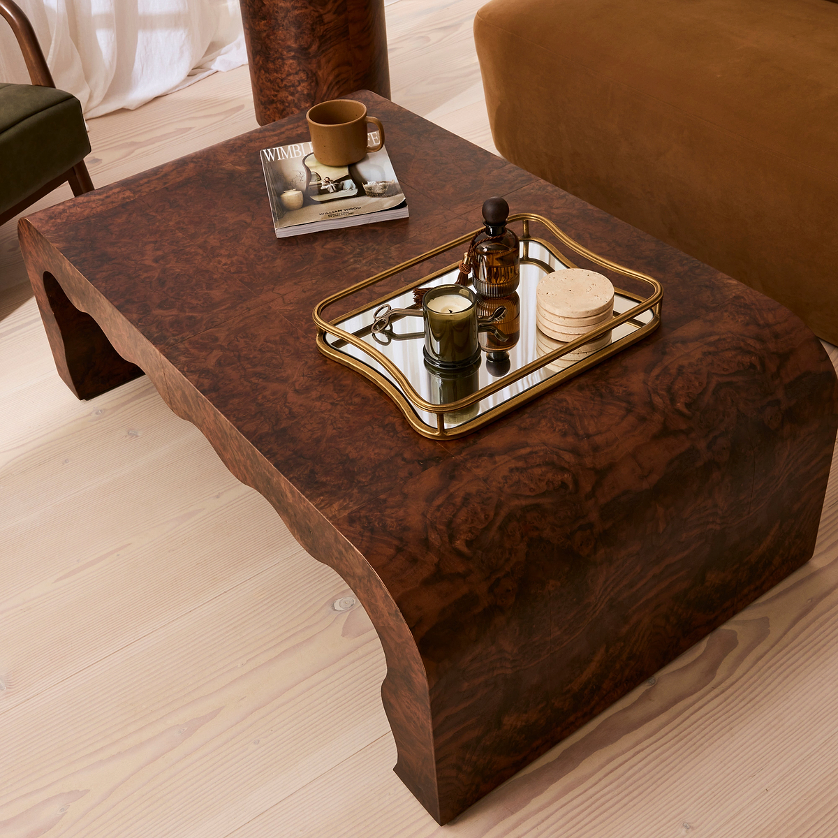 Serafina - Dark Burl Wavy Arched Dark Wood Premium Coffee Table