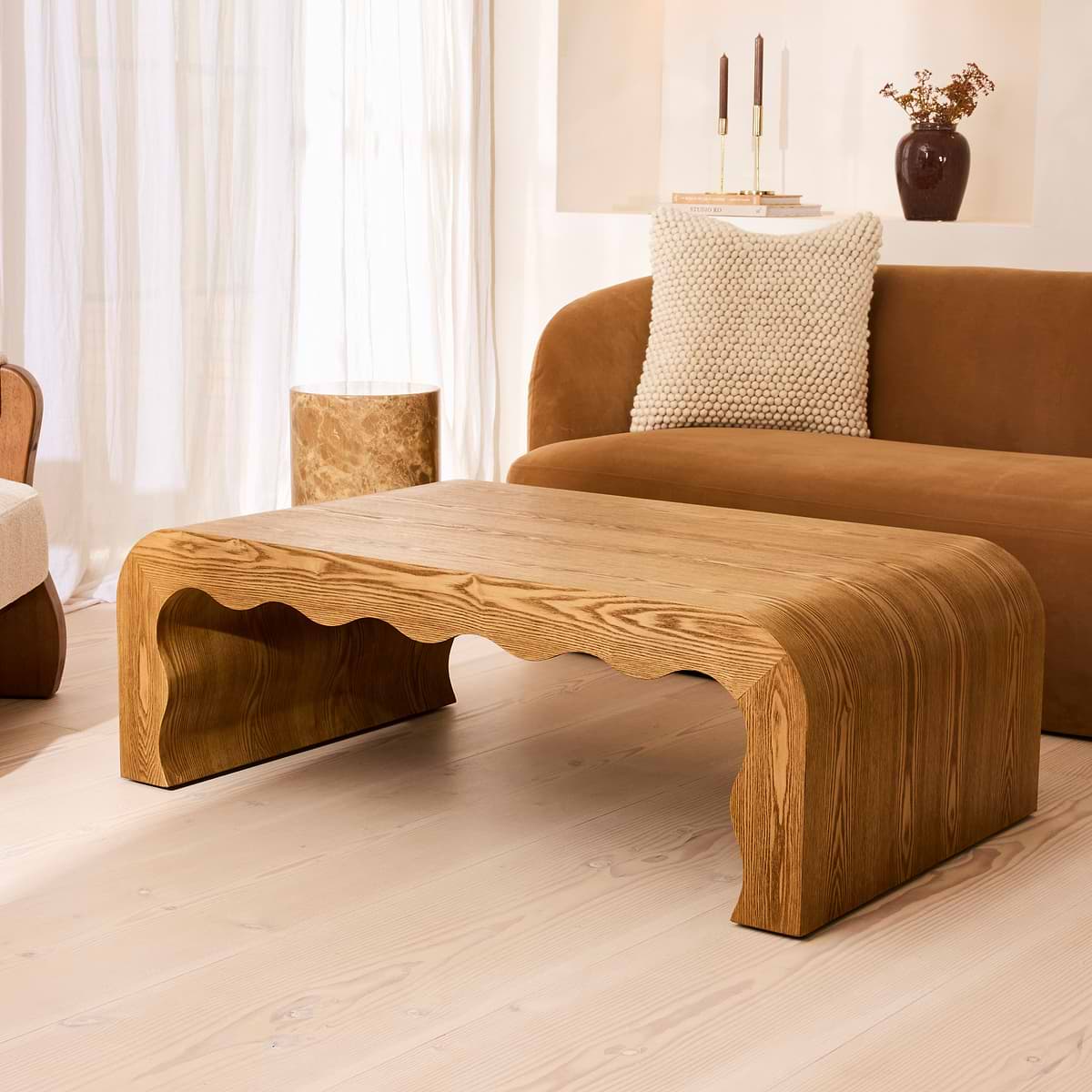 Serafina- Warm Wood Wavy Arched Premium Coffee Table