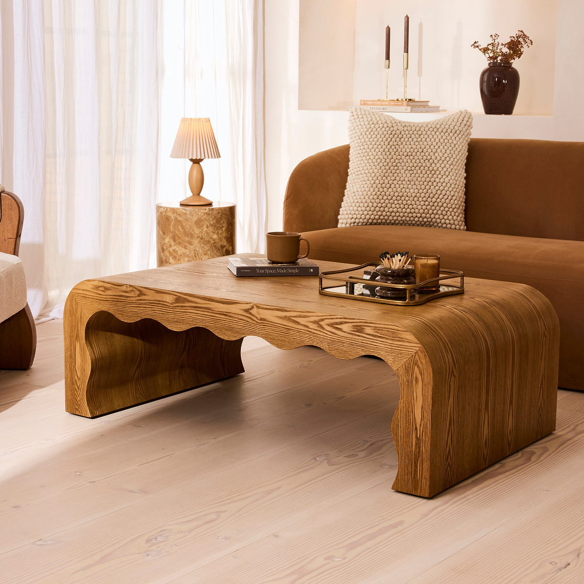 Serafina- Warm Wood Wavy Arched Premium Coffee Table