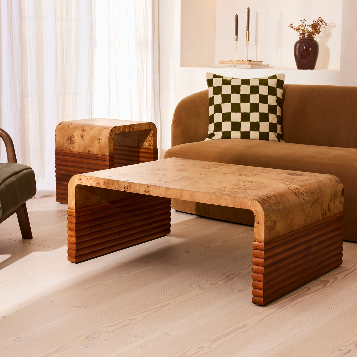 Eliana - Natural Burl Curved Warm Wood Premium Coffee Table