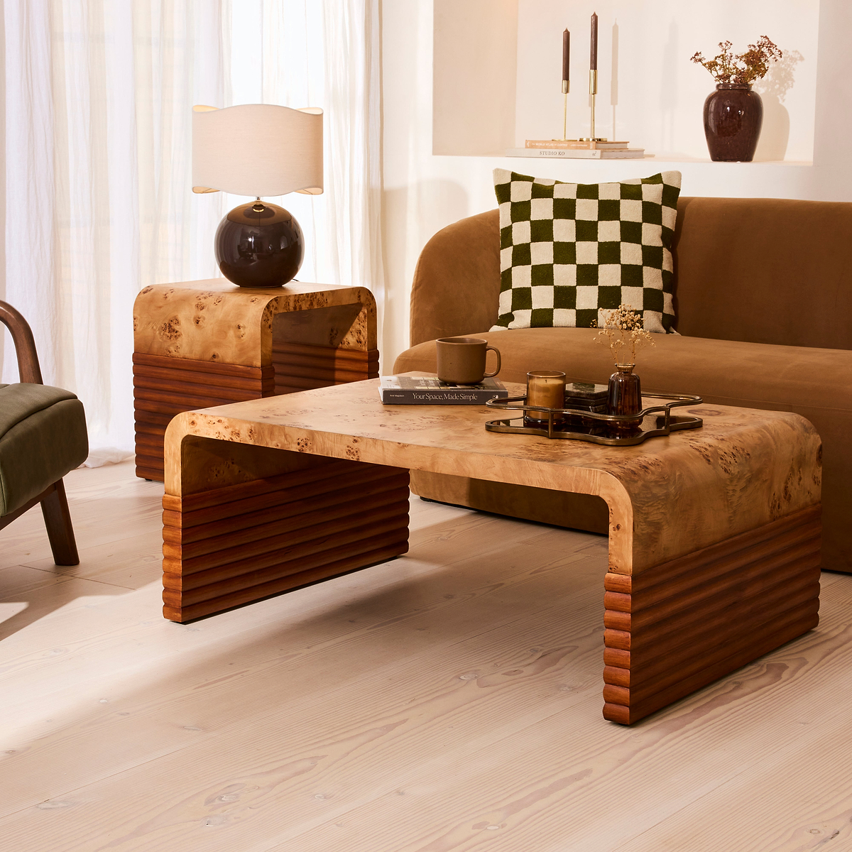 Eliana - Natural Burl Curved Warm Wood Premium Coffee Table