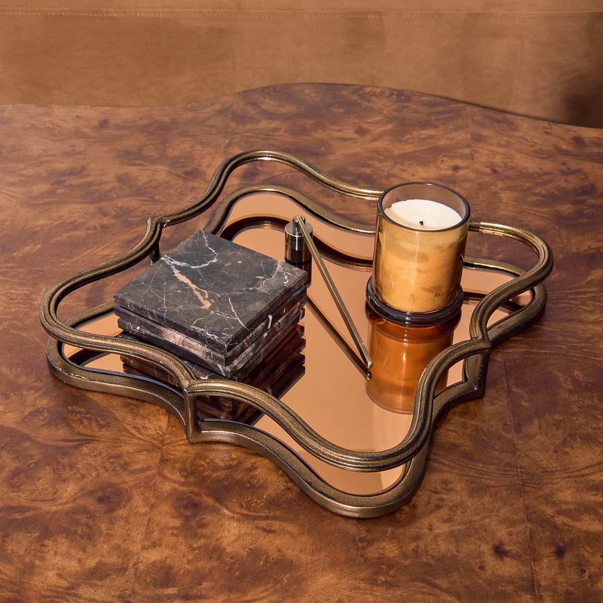 Elise - Antique Bronze Art Deco Square Mirrored Decorative Tray