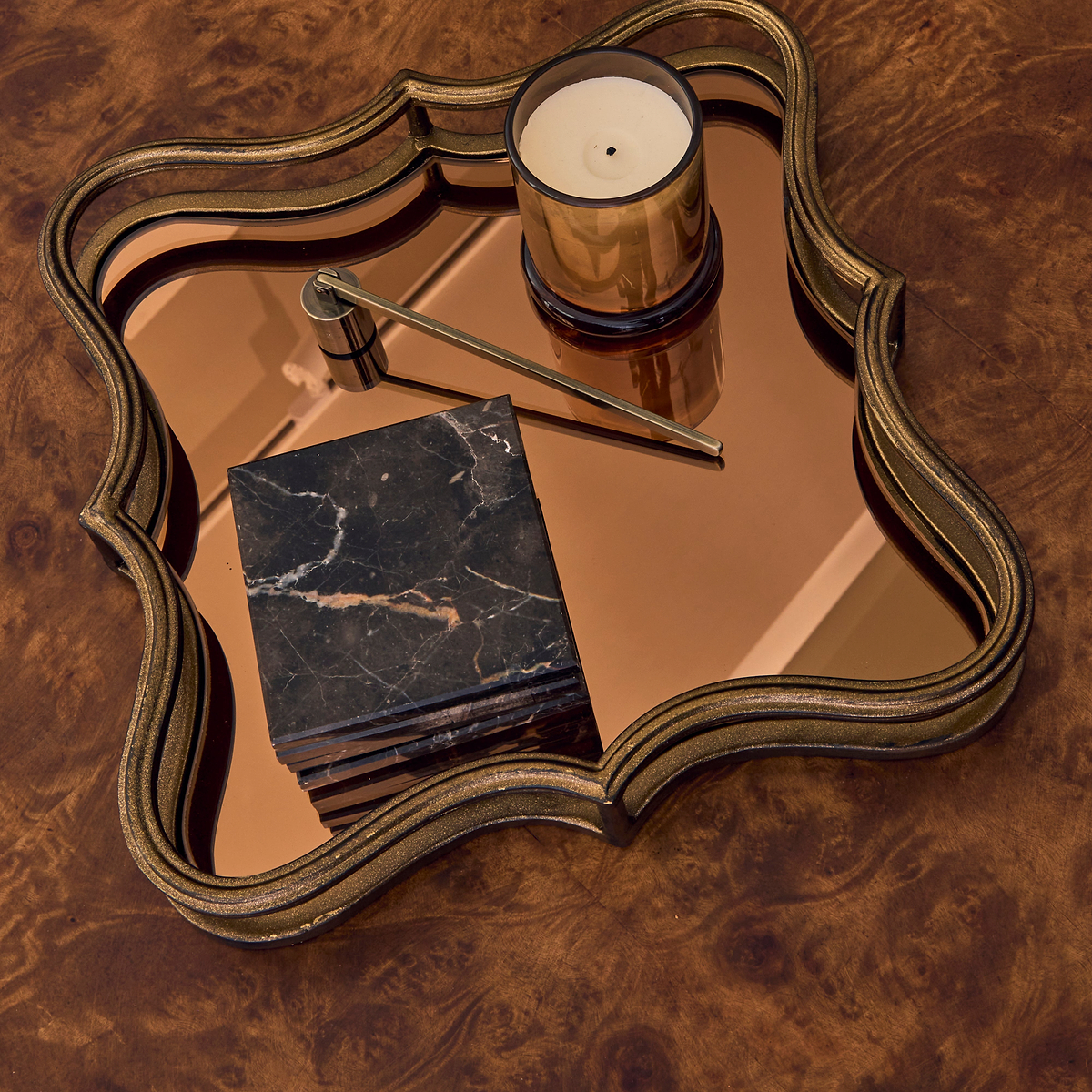 Elise - Antique Bronze Art Deco Square Mirrored Decorative Tray