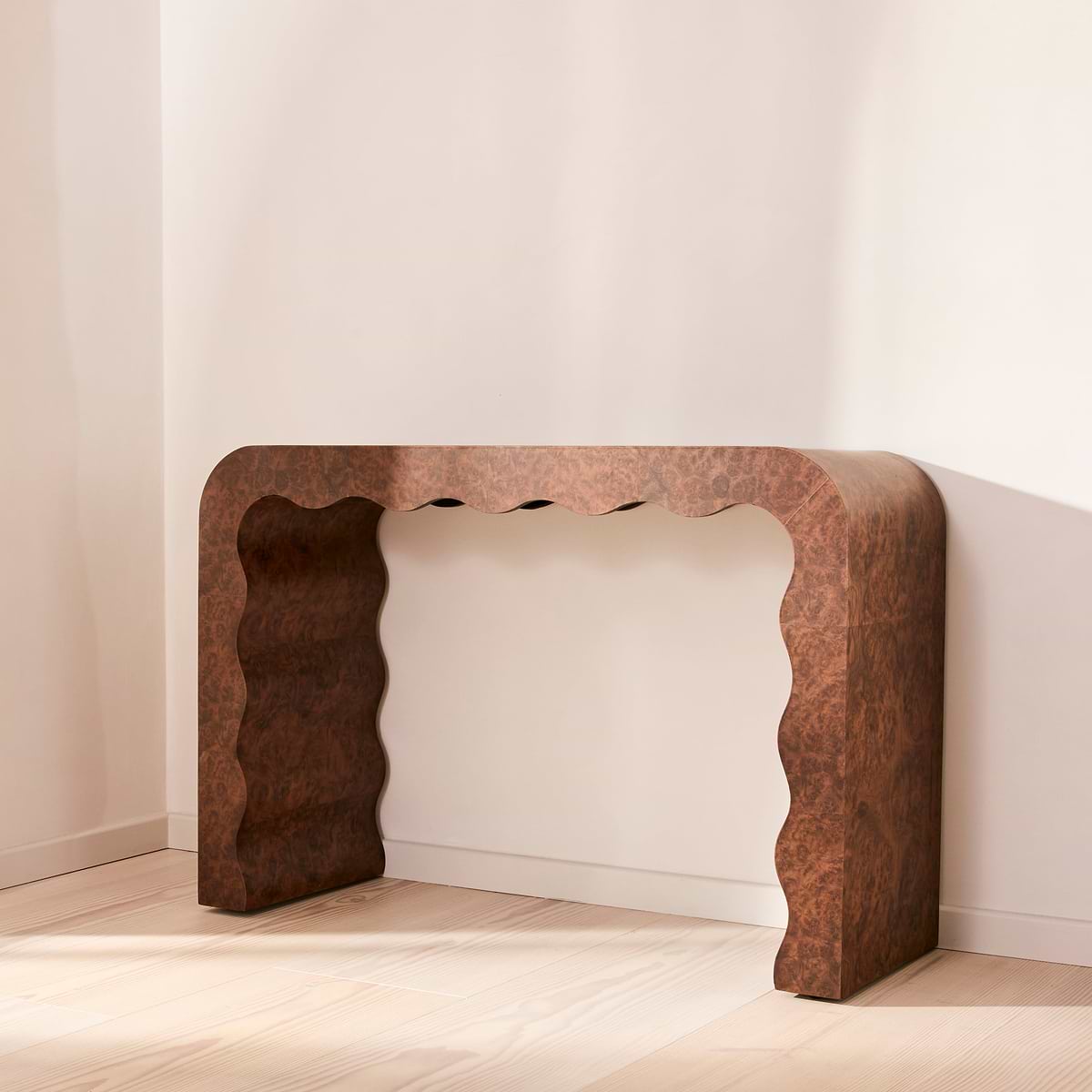 Serafina - Dark Burl Wavy Arched Dark Wood Premium Console Table