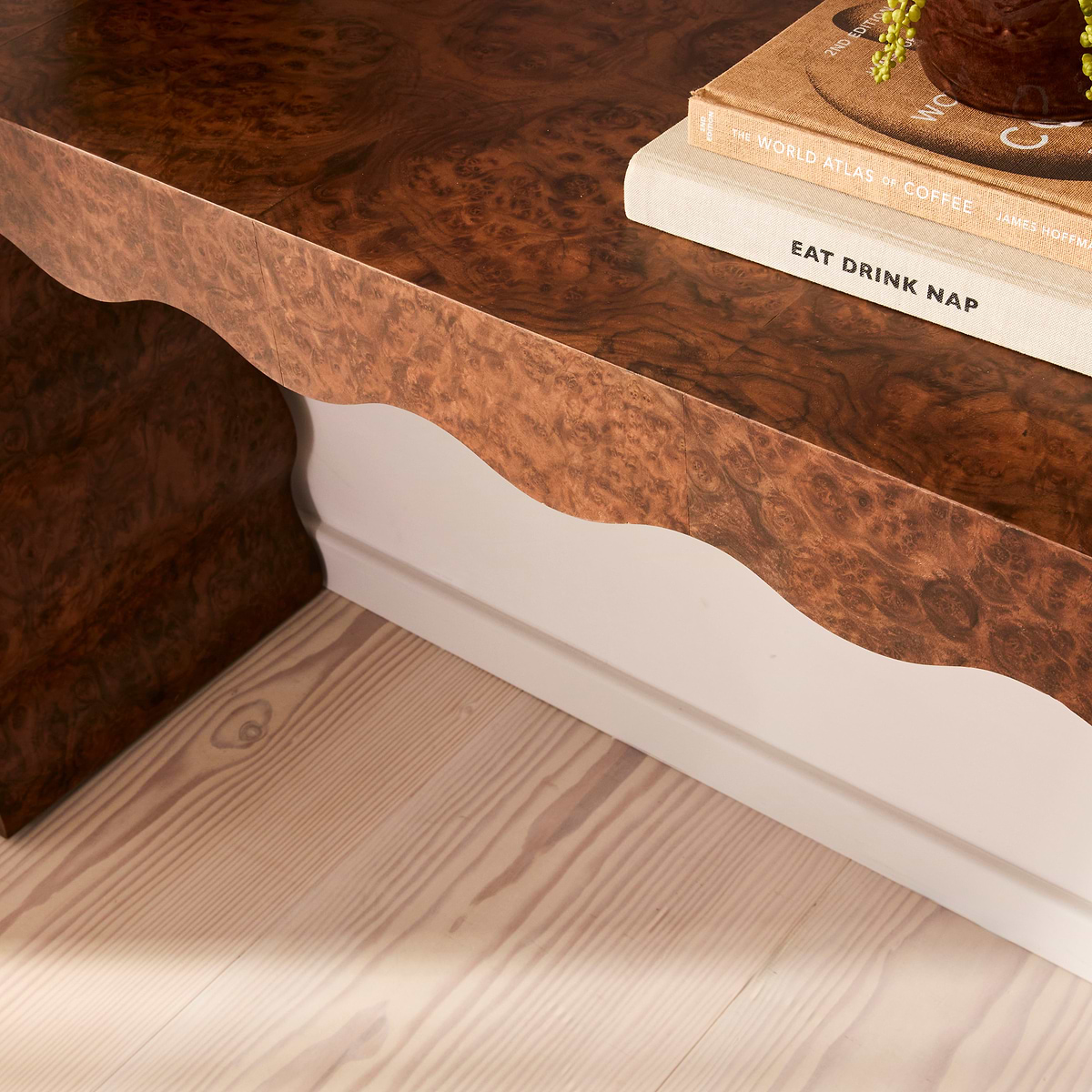 Serafina - Dark Burl Wavy Arched Dark Wood Premium Console Table
