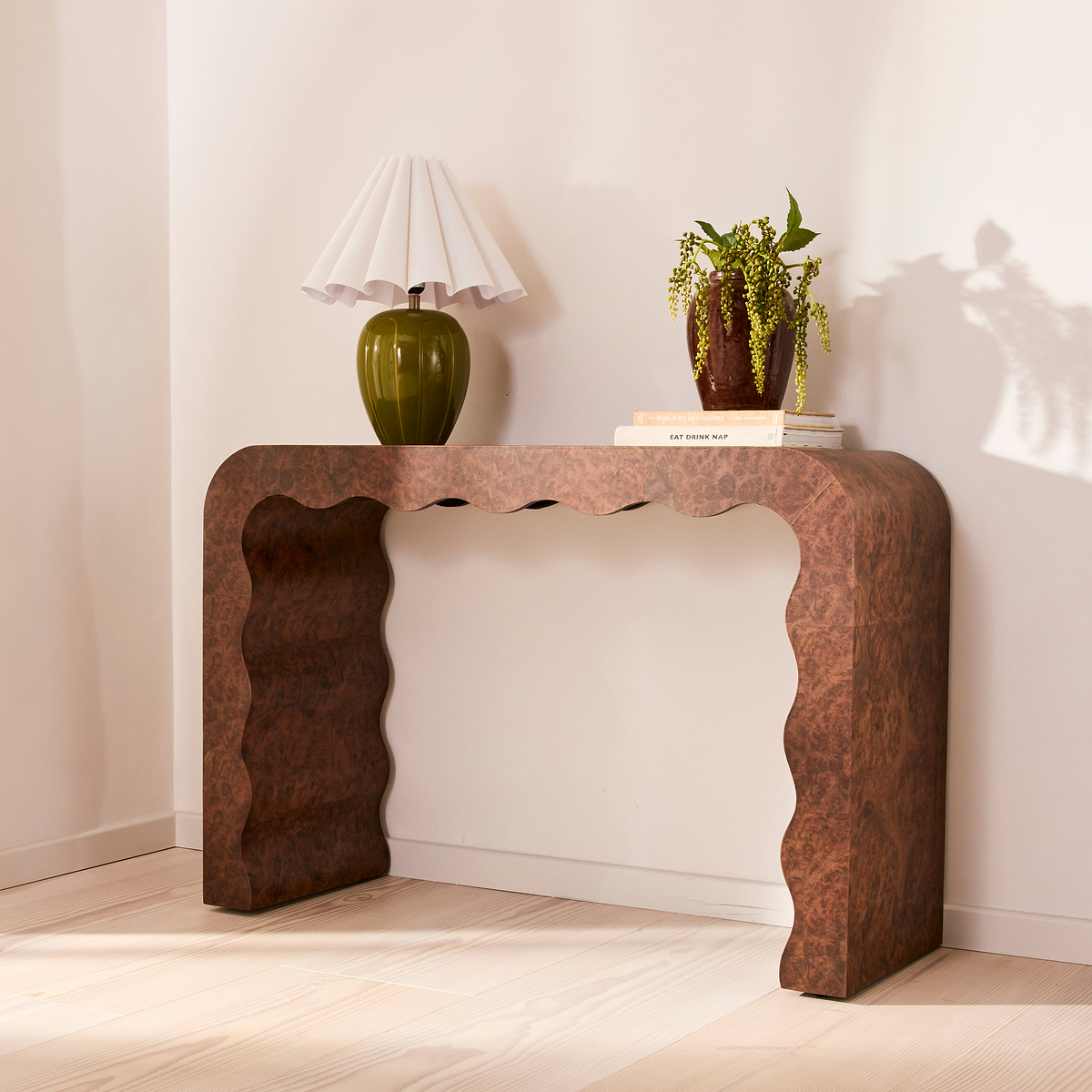 Serafina - Dark Burl Wavy Arched Dark Wood Premium Console Table