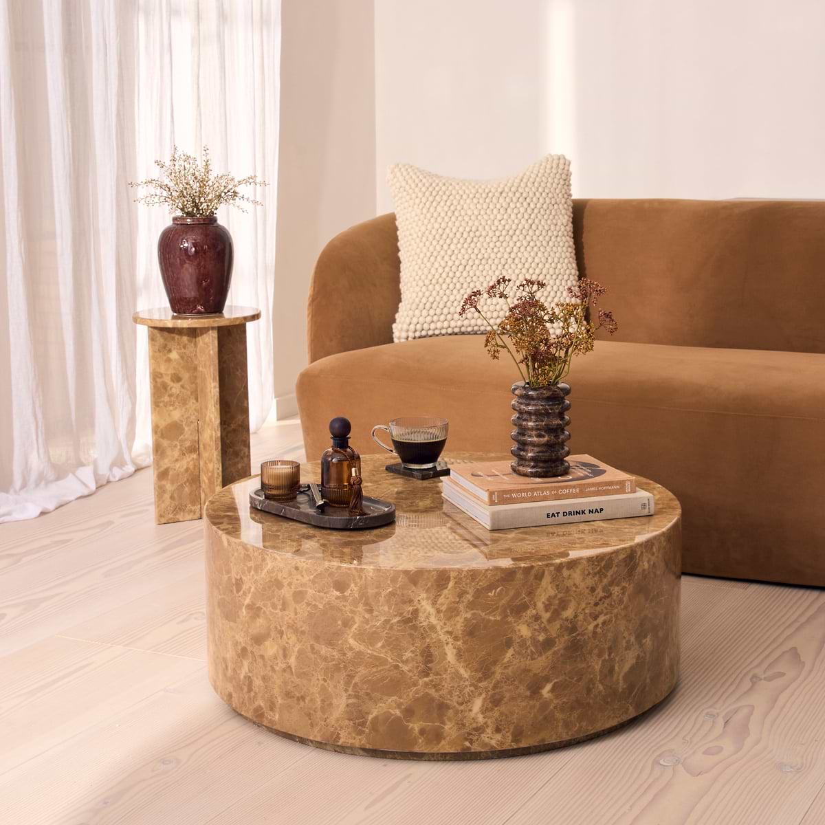 Atella - Light Emperador Round Premium Solid Marble Coffee Table