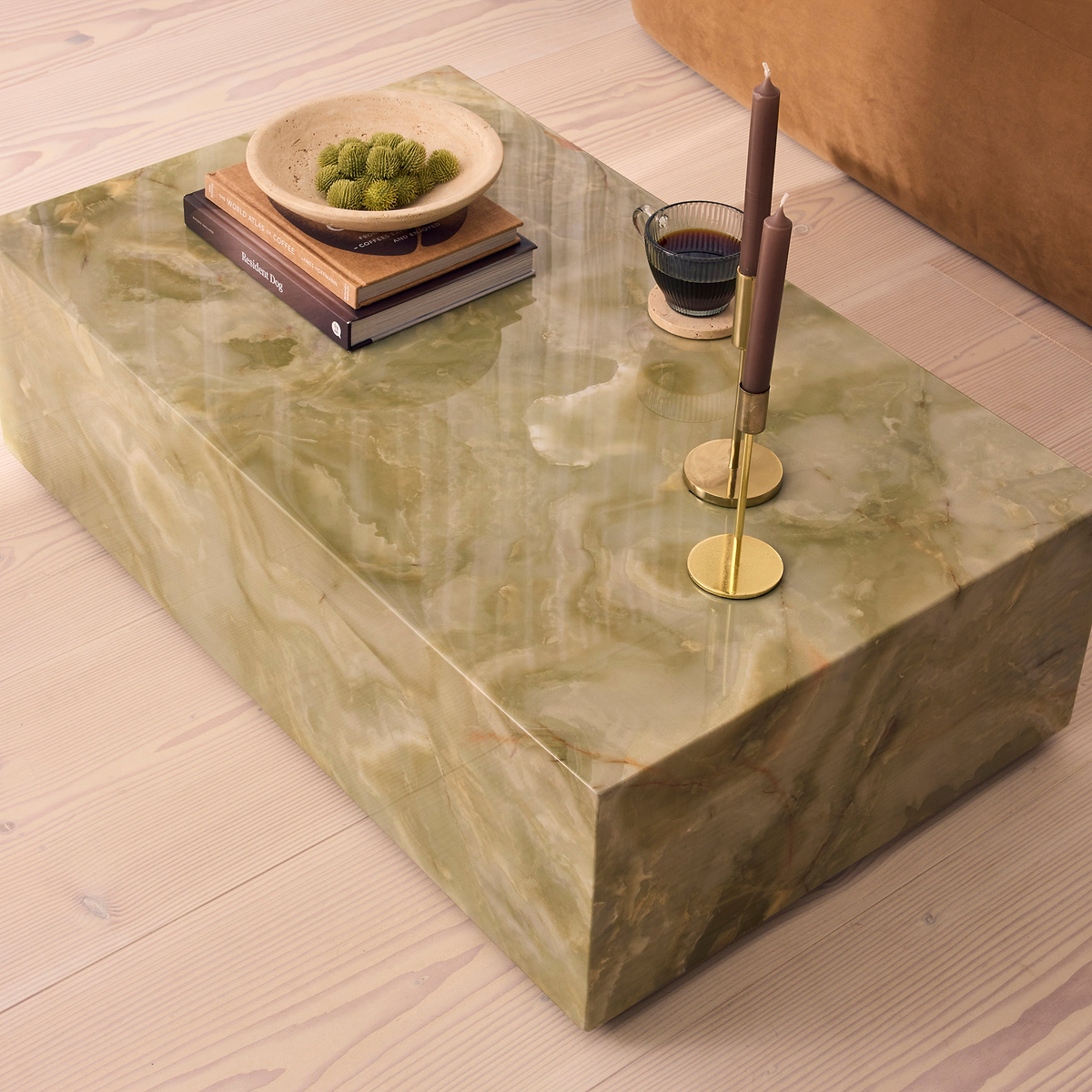 Atella - Green Onyx Rectangular Premium Solid Marble Coffee Table