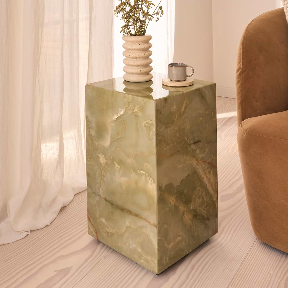 Atella - Green Onyx Rectangular Premium Solid Marble Side Table