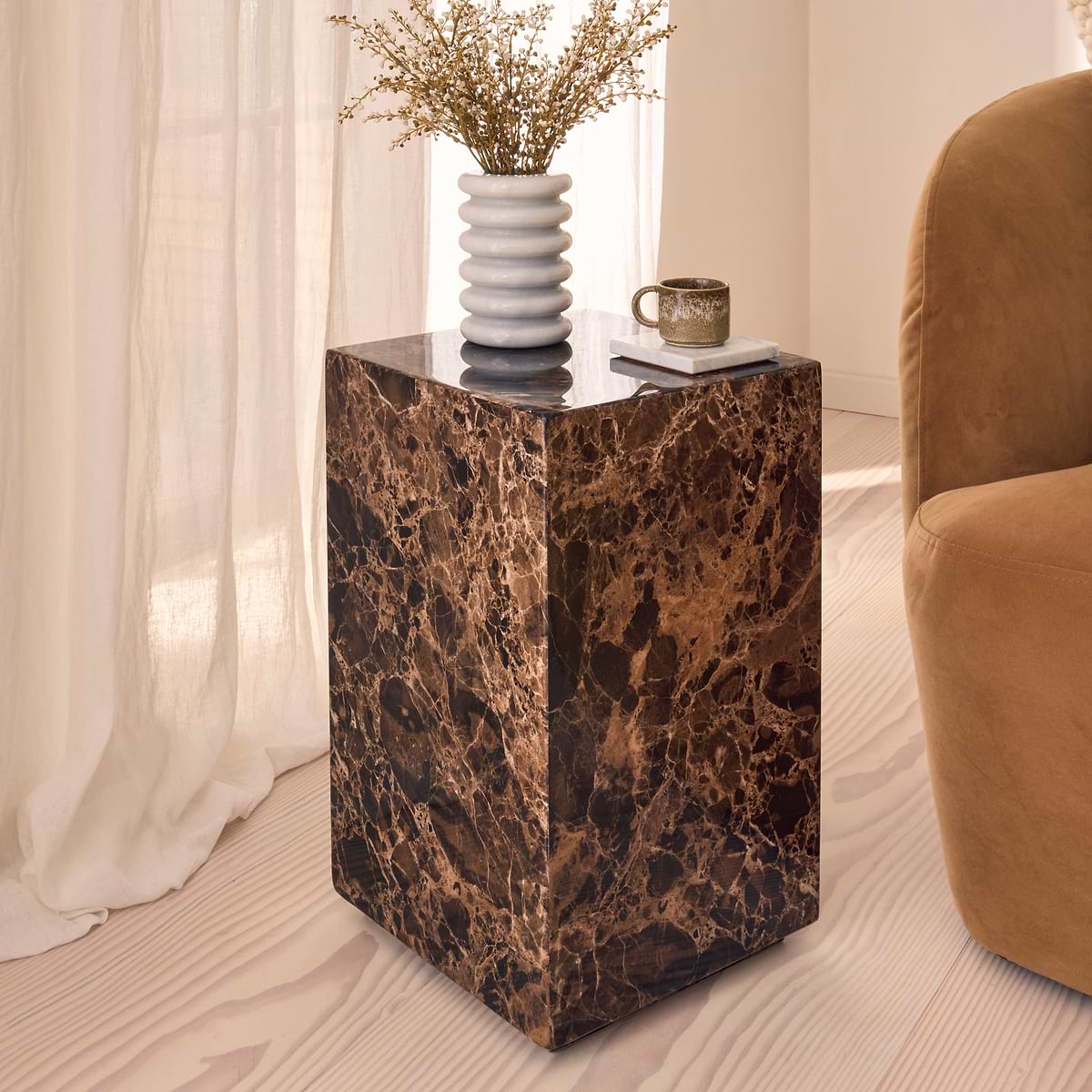 Atella - Dark Emperador Rectangular Premium Solid Marble Side Table