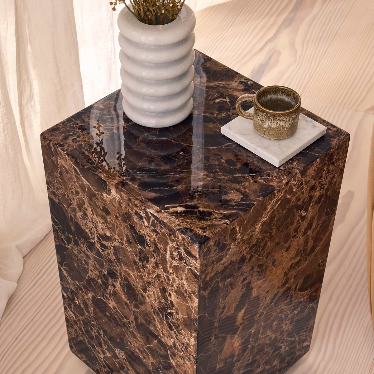 Atella - Dark Emperador Rectangular Premium Solid Marble Side Table