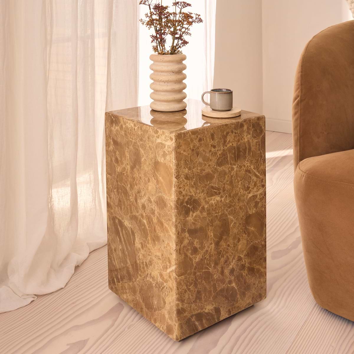 Atella - Light Emperador Rectangular Premium Solid Marble Side Table
