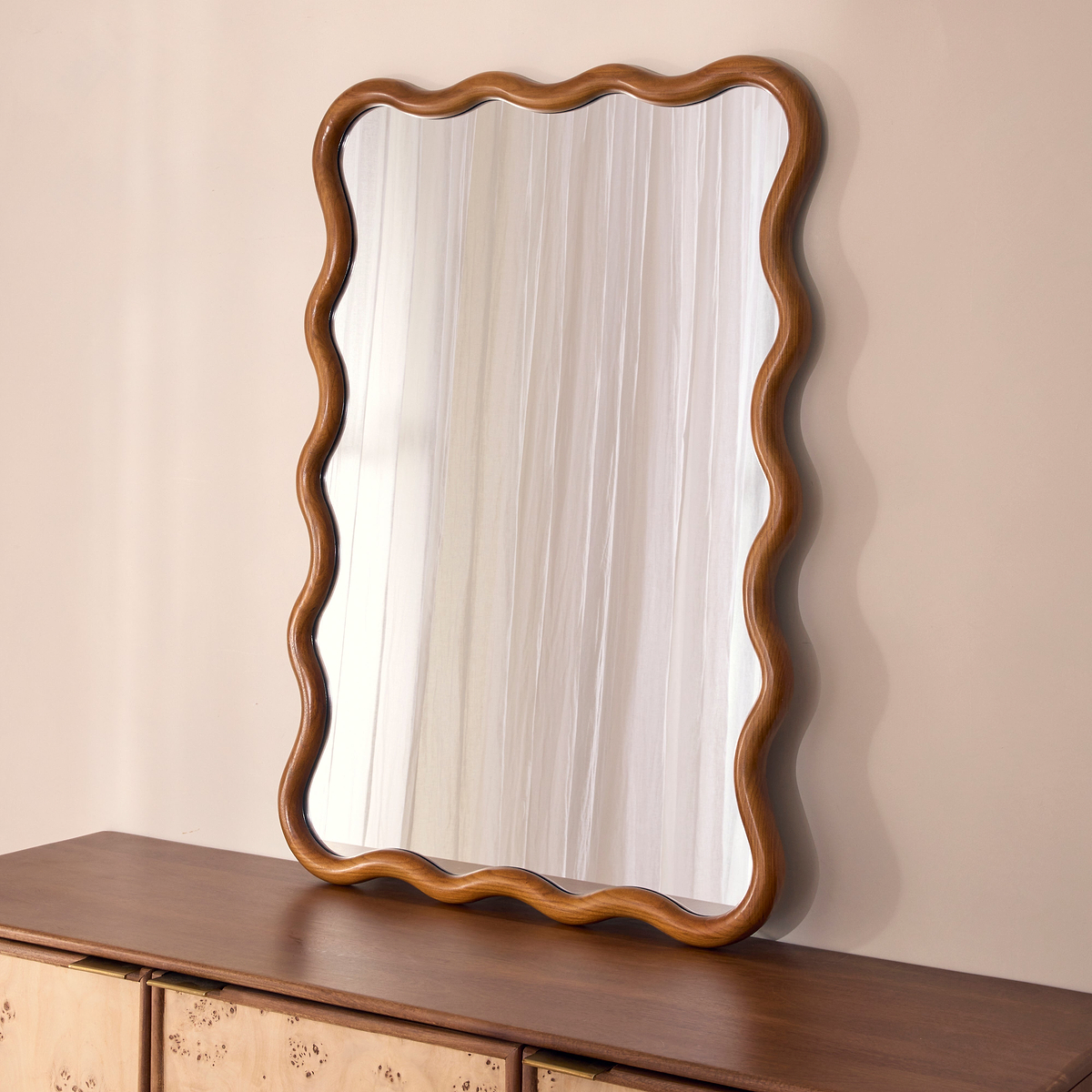Marea - Dark Wood Wavy Retro Wall Mirror 100cm x 70cm