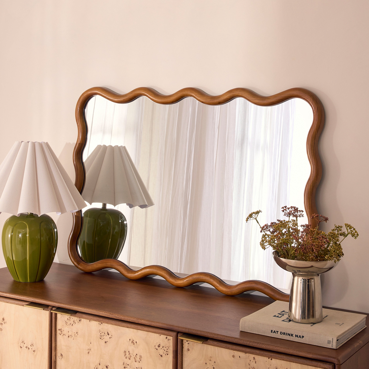 Marea - Dark Wood Wavy Retro Wall Mirror 100cm x 70cm