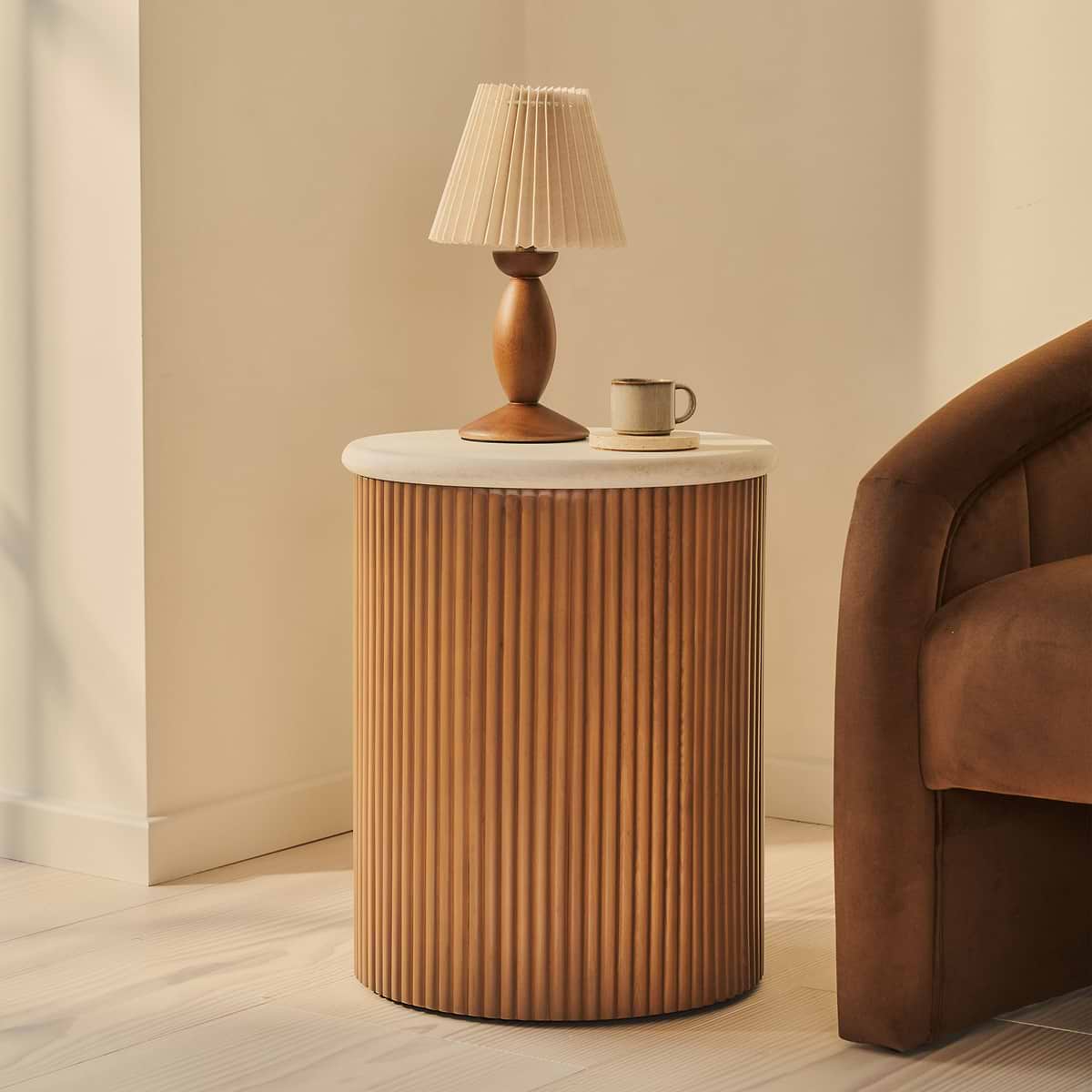 Cove - Warm Wood Ribbed Round Side Table