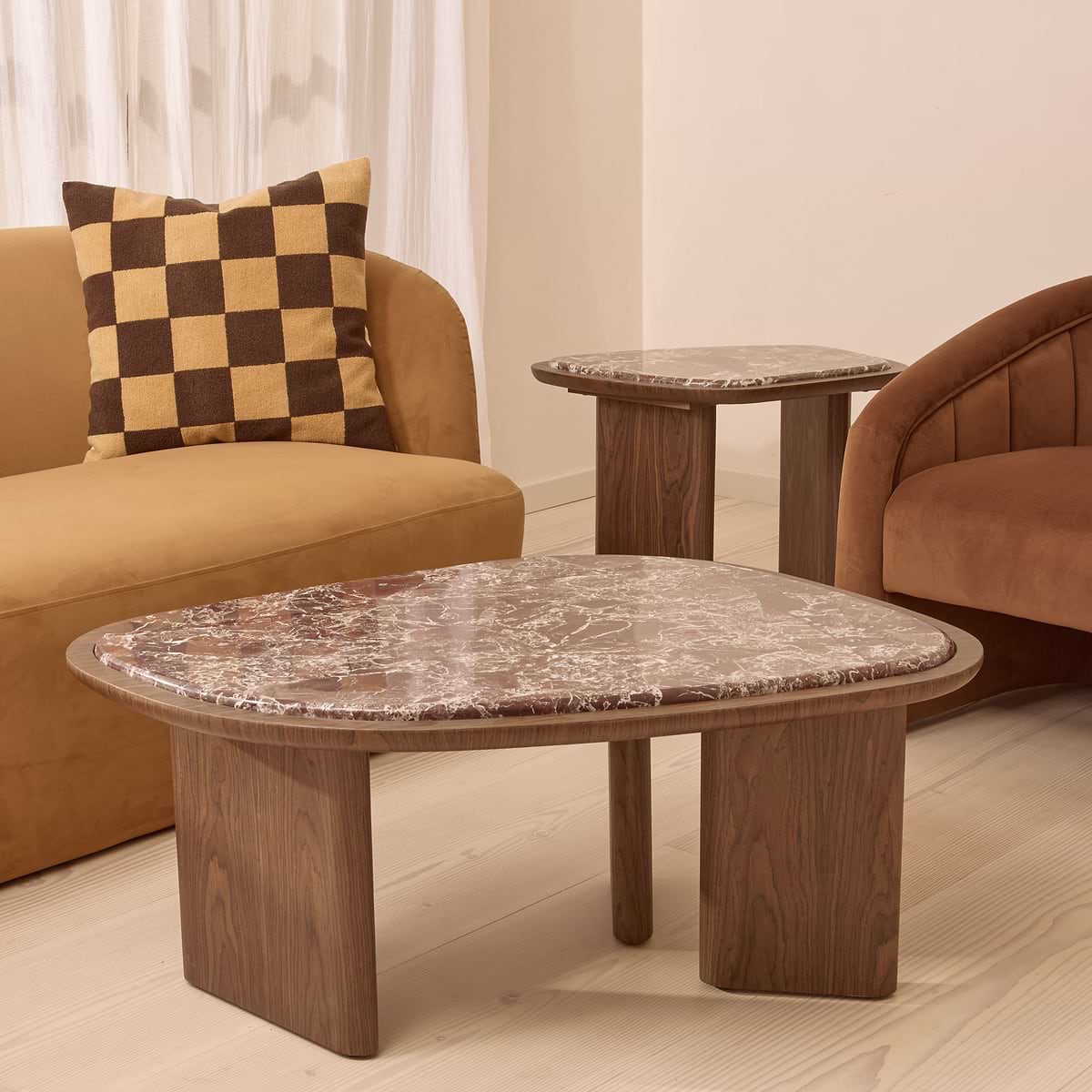 Belmont - Red Marble Irregular Dark Wood Coffee Table