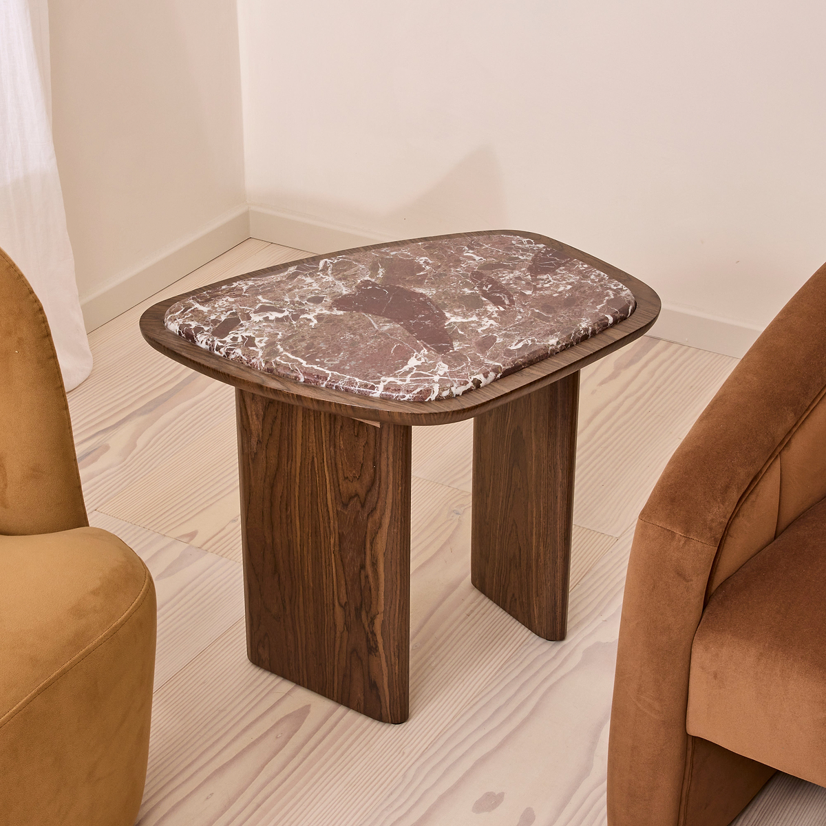 Belmont - Red Marble Irregular Dark Wood Side Table