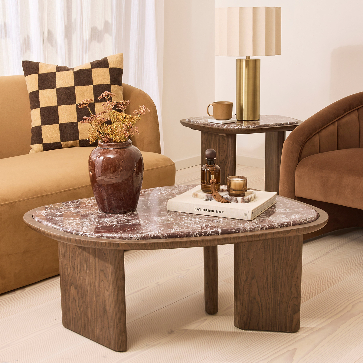 Belmont - Red Marble Irregular Dark Wood Coffee Table