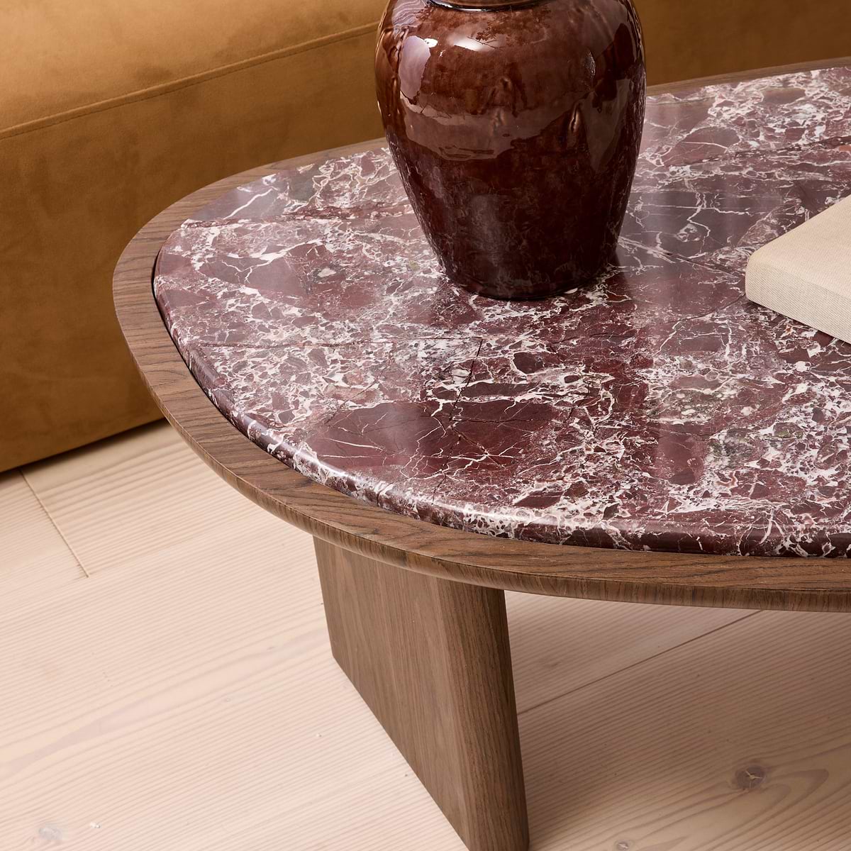 Belmont - Red Marble Irregular Dark Wood Coffee Table