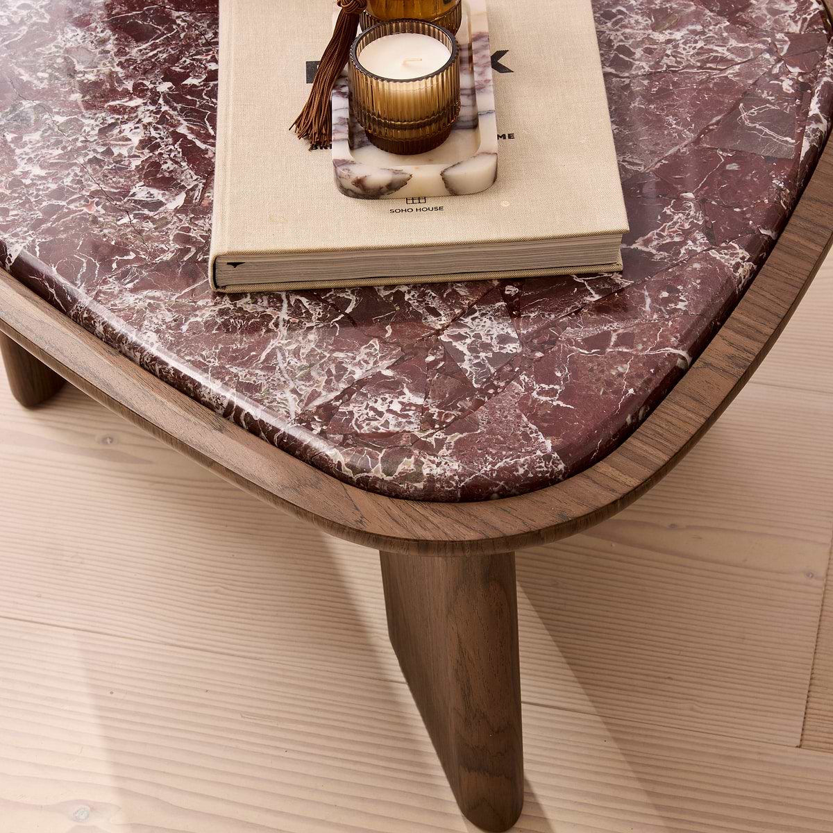 Belmont - Red Marble Irregular Dark Wood Coffee Table