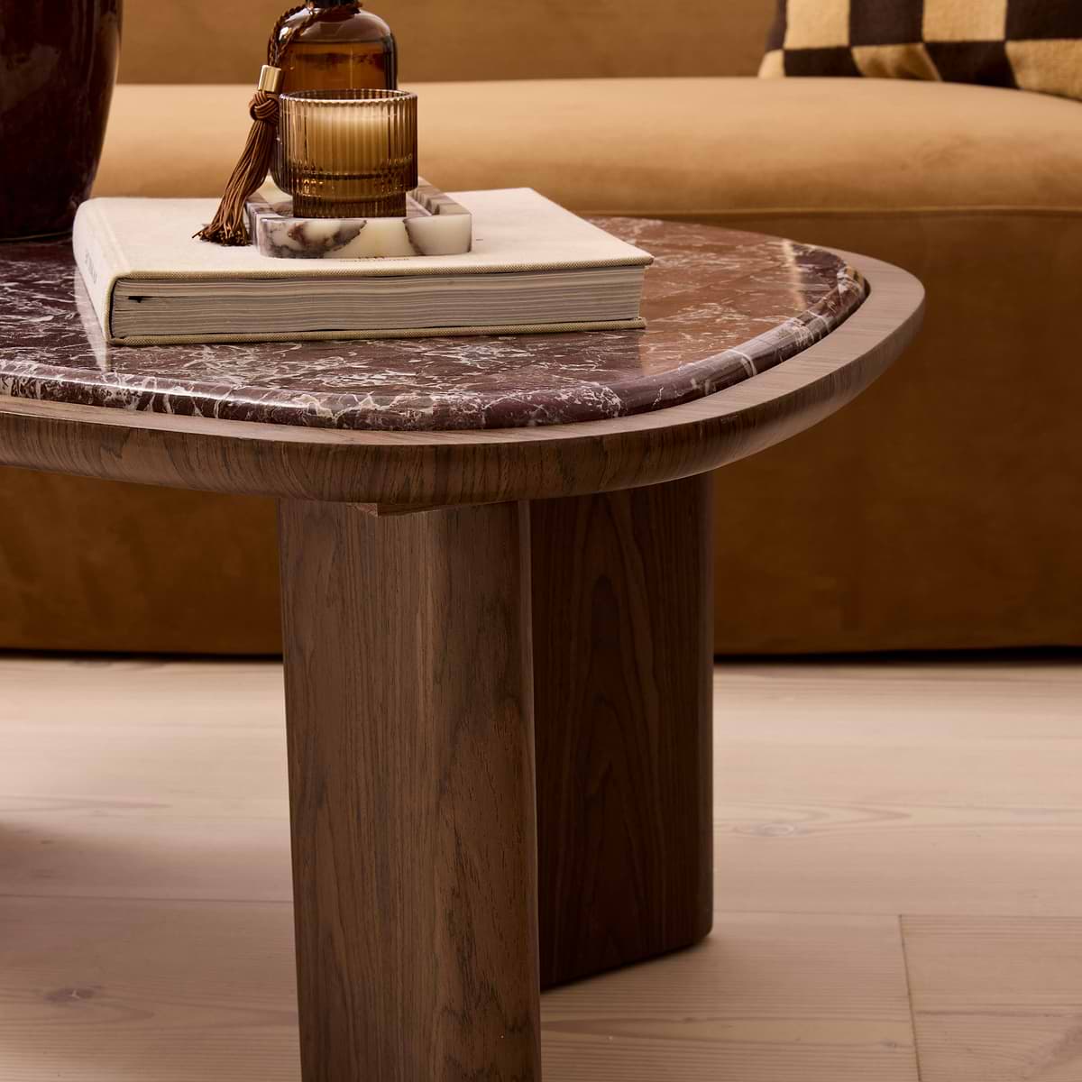 Belmont - Red Marble Irregular Dark Wood Coffee Table