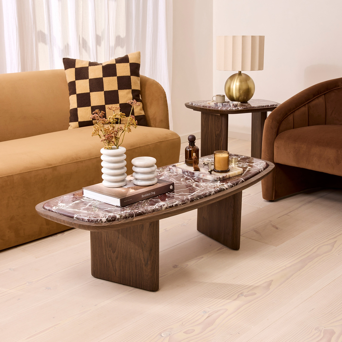 Belmont - Red Marble Irregular Dark Wood Extra Large Coffee Table